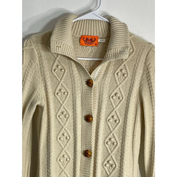 Y2K Juicy Couture Cardigan Sweater Small Cream Merino Wool Cable Knit Fishermen - Picture 3 of 7